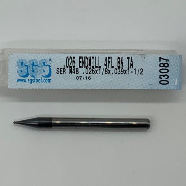 SGS Solid Carbide 4 Flute Ball Endmill .026 Cutting Dia X .039 Flute Length