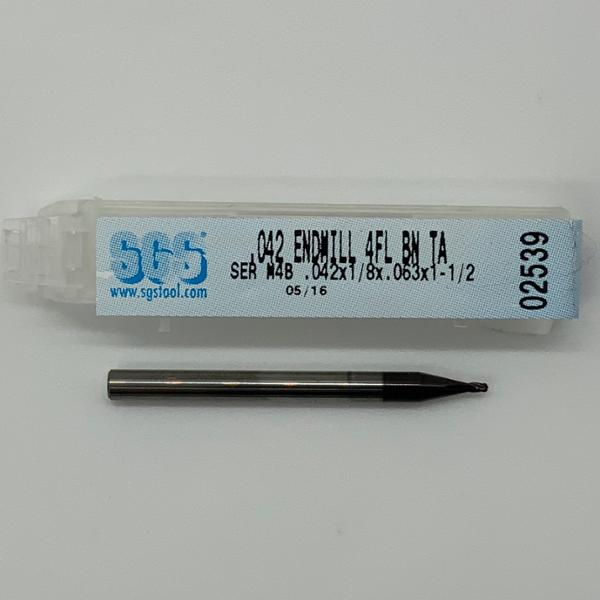 SGS Solid Carbide 4 Flute Ball Endmill .042 Cutting Dia X .063 Flute Length