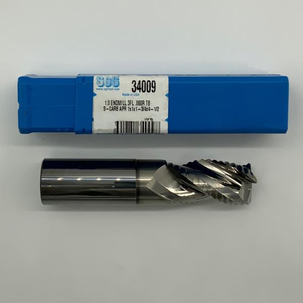 SGS Solid Carbide Necked 3 Flute Roughing Endmill 1.00 (25.4) Cutting Dia X 1.75 Flute Length Coolant Thru With .060 Corner