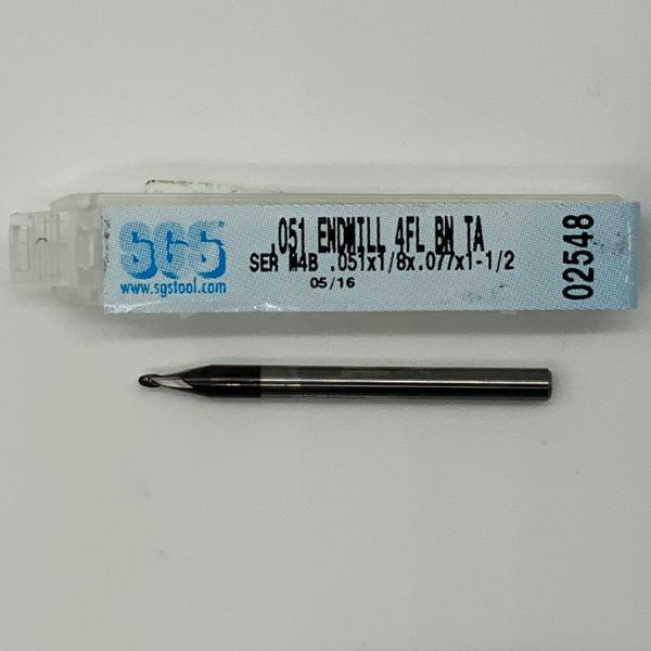 SGS Solid Carbide 4 Flute Ball Endmill .051 Cutting Dia X .077 Flute Length