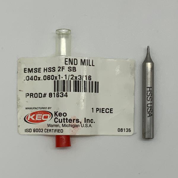 KEO HSS 2 Flute Endmill .040 Cutting Dia X .060 Flute Length