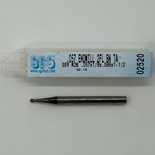 SGS Solid Carbide 2 Flute Ball Endmill .057 Cutting Dia X .086 Flute Length