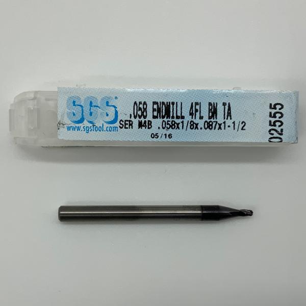 SGS Solid Carbide 4 Flute Ball Endmill .058 Cutting Dia X .087 Flute Length