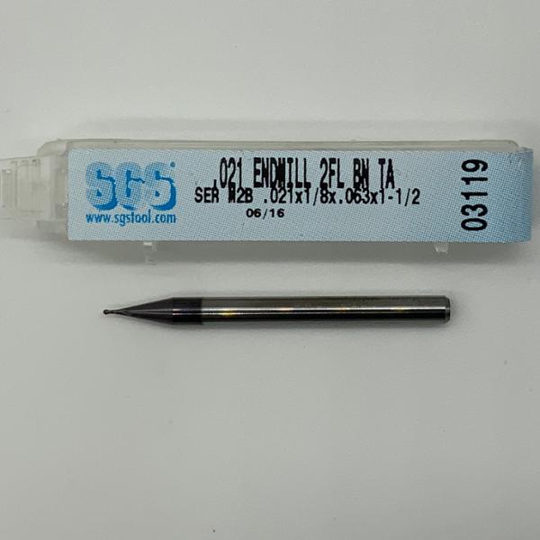 SGS Solid Carbide 2 Flute Ball Endmill .021 Cutting Dia X .063 Flute Length