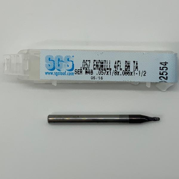 SGS Solid Carbide 4 Flute Ball Endmill .057 Cutting Dia X .086 Flute Length