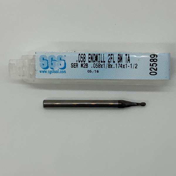 SGS Solid Carbide 2 Flute Ball Endmill .058 Cutting Dia X .174 Flute Length