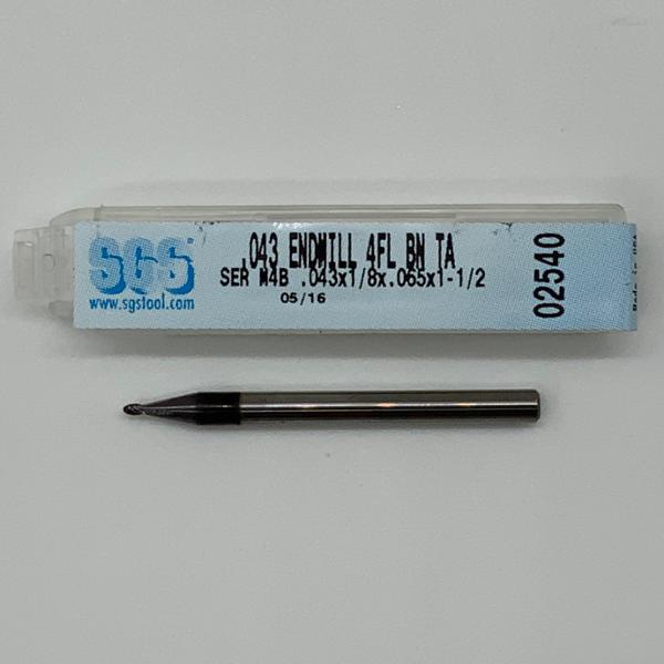 SGS Solid Carbide 4 Flute Ball Endmill .043 Cutting Dia X .065 Flute Length