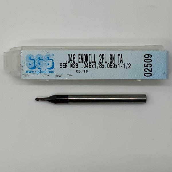 SGS Solid Carbide 2 Flute Ball Endmill .046 Cutting Dia X .069 Flute Length