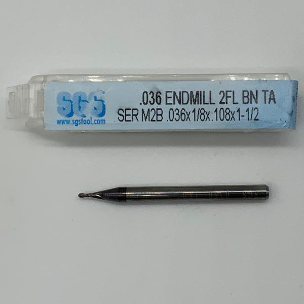 SGS Solid Carbide 2 Flute Ball Endmill .036 Cutting Dia X .108 Flute Length