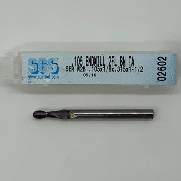 SGS Solid Carbide 2 Flute Ball Endmill .105 Cutting Dia X .315 Flute Length