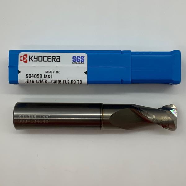 Kyocera Solid Carbide Necked 2 Flute Endmill .6299 (16mm) Cutting Dia X 25mm Flute Length Coolant Thru With 3.0mm Corner Radius