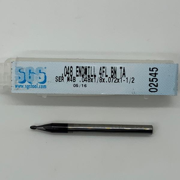 SGS Solid Carbide 4 Flute Ball Endmill .048 Cutting Dia X .072 Flute Length