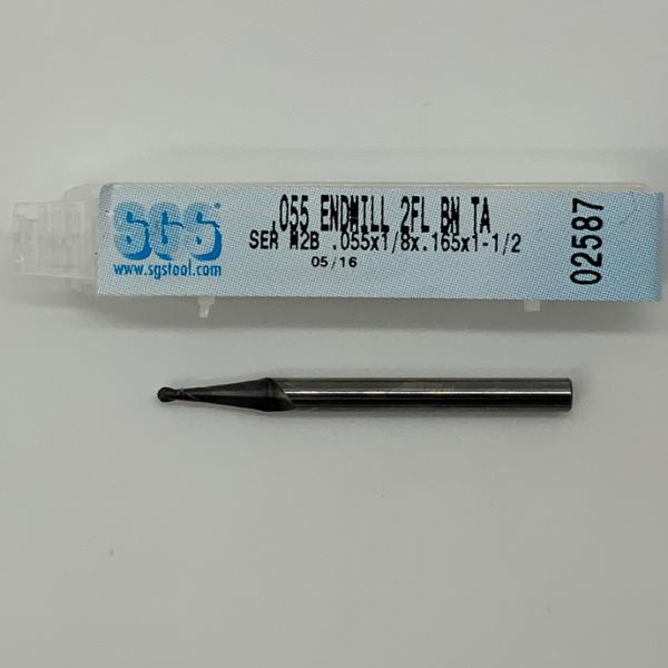 SGS Solid Carbide 2 Flute Ball Endmill .055 Cutting Dia X .165 Flute Length