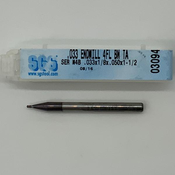 SGS Solid Carbide 4 Flute Ball Endmill .033 Cutting Dia X .050 Flute Length